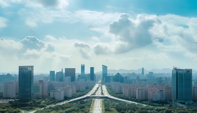 蓝天白云下的高楼林立的城市航拍,高清,摄影图,摄影图片,图片大全,摄影图免费下载